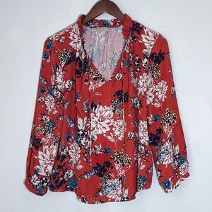 Loft Petite Floral Mixed Media Tie Neck Long Sleeve Top